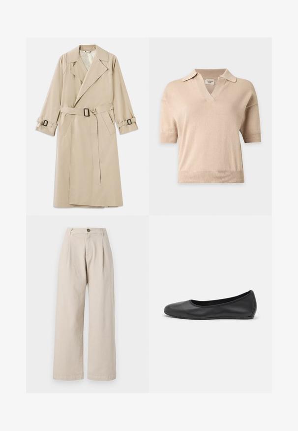 Beige trenchcoat lavet af glat stof med en bred krave, bælte med rektangulær spænde og justerbare manchetbånd.; Beige kortærmet striktrøje med ribkant forneden og på ærmerne, åben halskrave og V-udskæring.; Beige vidde bukser med høj talje, frontfolder, enkelt knaplukning og en glat stofftekstur.; Sort læderballetsko med rund tå, glat tekstur, minimal syning og et fleksibelt såldesign.