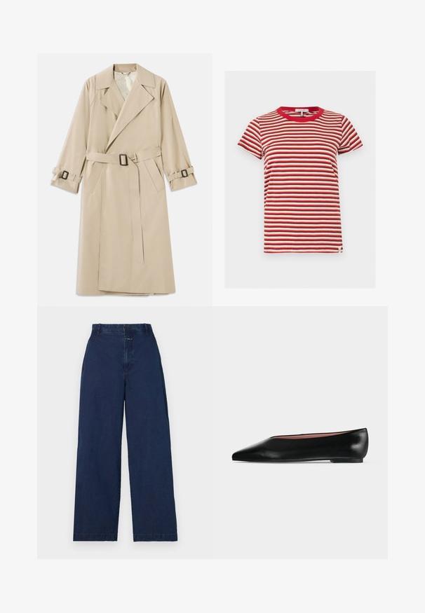 Beige trenchcoat lavet af glat stof med en bred krave, bælte med rektangulær spænde og justerbare manchetbånd.; Kortærmet T-shirt med rund halsudskæring og vandrette røde, hvide og brune striber på en ensfarvet baggrund.; Bredde ben, mørkeblå denimbukser med høj talje, der har en frontlukning med knap og sidelommer. Blød tekstur med minimal detaljering.; Sort damesko i læder med flad hæl og spids tå, vist fra siden på en ensfarvet lys grå baggrund.