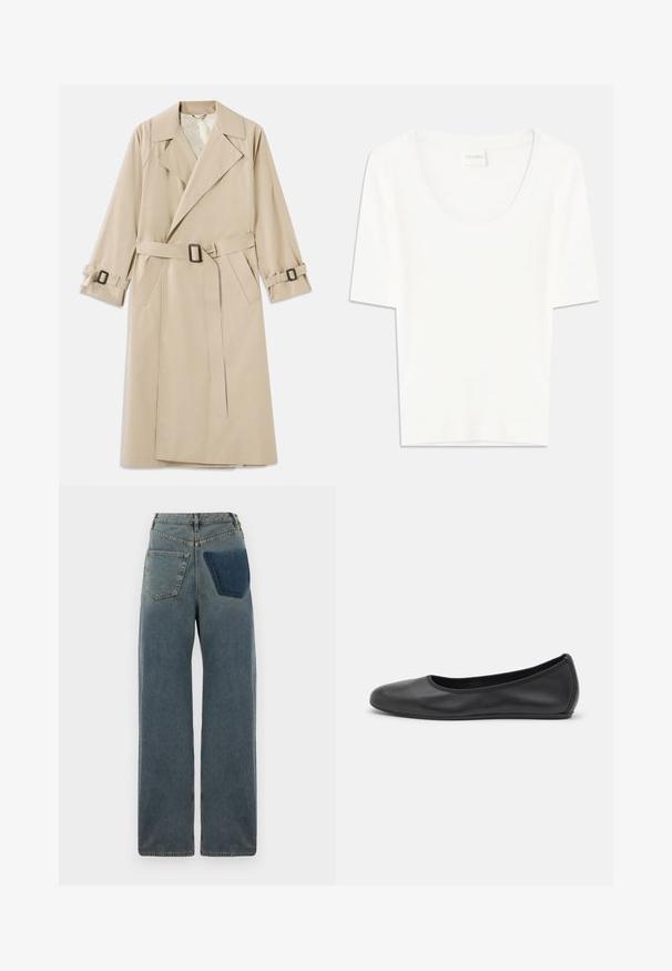 Beige trenchcoat lavet af glat stof med en bred krave, bælte med rektangulær spænde og justerbare manchetbånd.; Hvid kortærmet T-shirt med rund halsudskæring. Fremstillet af blødt bomuldsstof, har den en afslappet pasform og minimalistisk design.; Bredde ben jeans lavet af denim, med en lys blå vask, to baglommer og en lappelomme i en mørkere blå på højre side.; Sort læderballetsko med rund tå, glat tekstur, minimal syning og et fleksibelt såldesign.