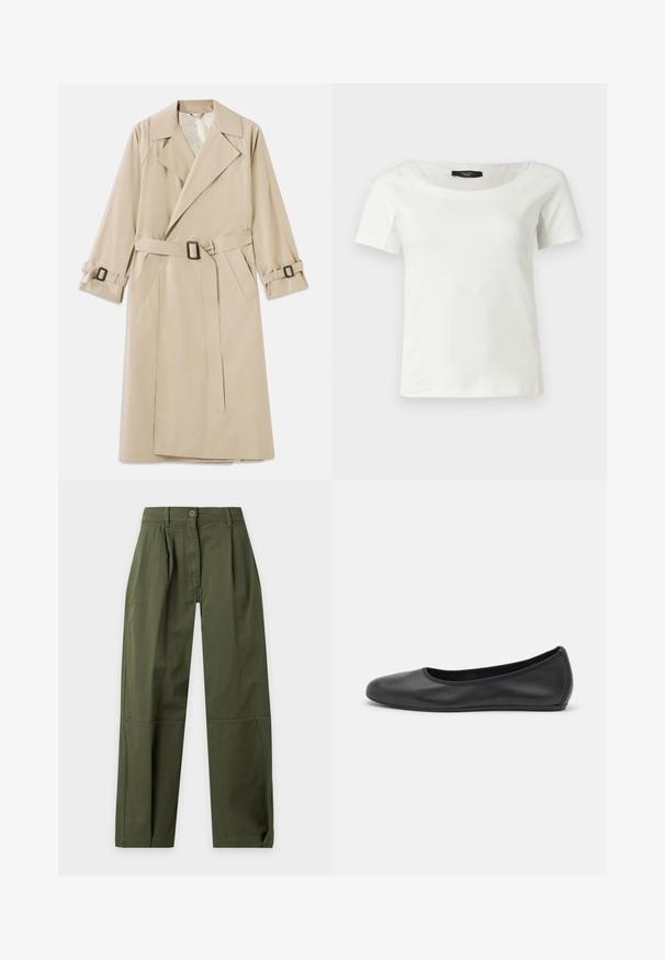 Beige trenchcoat lavet af glat stof med en bred krave, bælte med rektangulær spænde og justerbare manchetbånd.; Hvid kortærmet bomuldsbluse til kvinder med bred rund halsudskæring på en ensfarvet lys baggrund.; Olivengrønne bukser med høj talje og lige ben med bæltestropper, knaplukning, forreste læg og detaljer ved knæets søm.; Sort læderballetsko med rund tå, glat tekstur, minimal syning og et fleksibelt såldesign.