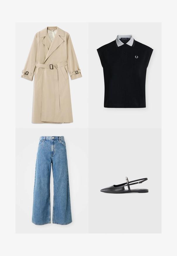 Beige trenchcoat lavet af glat stof med en bred krave, bælte med rektangulær spænde og justerbare manchetbånd.; Sort ærmeløs polo med lysegrå tekstureret krave, to sorte knapper og hvidt broderet laurbærlogo på brystet.; Højtaljede lyseblå brede denim jeans med frontknap, lynlås og forlommer på en hvid baggrund.; Sort læder slingback-flad sko med spids tå, udskåret detalje og justerbar rem med en dekorativ blomsterdekoration.