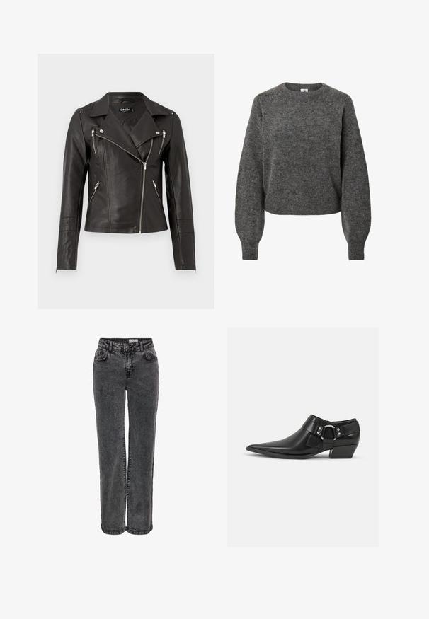Chaqueta de motocicleta de cuero negro con un diseño ajustado, cremallera frontal asimétrica y tres bolsillos con cremallera. Incluye hombreras en los hombros.; Suéter de lana gris oscuro de mangas largas con cuello redondo y mangas ligeramente abullonadas, textura de punto y puños y dobladillo acanalados.; Vaqueros de mezclilla negra con un diseño de pierna recta, que cuentan con bolsillos frontales, pasadores para el cinturón y una sutil textura desgastada.; Botas de cuero negras hasta el tobillo con puntera puntiaguda, que presentan una correa de cuero en la parte delantera y un detalle de hebilla plateada, además de un tacón bajo y cuadrado.