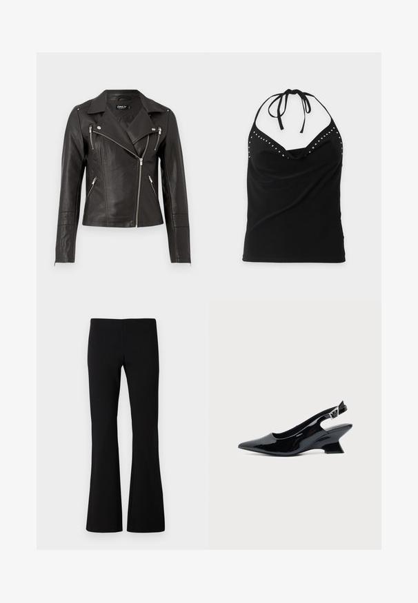Chaqueta de motocicleta de cuero negro con un diseño ajustado, cremallera frontal asimétrica y tres bolsillos con cremallera. Incluye hombreras en los hombros.; Top sin mangas negro con cuello halter, detalles de tachuelas plateadas a lo largo del escote y diseño delantero drapeado.; Pantalones negros acampanados hechos de tela elástica. Textura lisa con cintura ajustada y piernas acampanadas. Sin patrones ni adornos visibles.; Zapato slingback de cuero charol negro con puntera puntiaguda y tacón bajo en bloque inclinado sobre fondo claro liso.