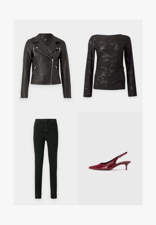 Chaqueta de motocicleta de cuero negro con un diseño ajustado, cremallera frontal asimétrica y tres bolsillos con cremallera. Incluye hombreras en los hombros.; Top negro de manga larga con patrón de encaje floral transparente y escote barco, exhibido sobre un fondo liso gris claro.; Jeans negros de tiro alto en corte Slim, hechos de denim con una textura sutil, con cinco bolsillos y cierre de botón en la parte delantera.; Zapato de tacón tipo slingback de cuero burdeos con textura de cocodrilo, punta afilada, correa ajustable con hebilla y tacón bajo tipo kitten sobre un fondo blanco.