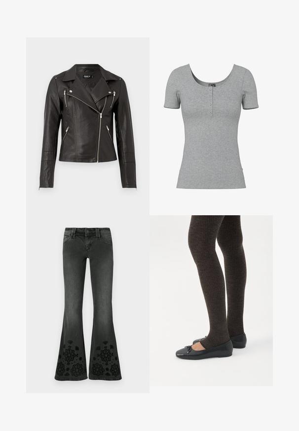 Chaqueta de motocicleta de cuero negro con un diseño ajustado, cremallera frontal asimétrica y tres bolsillos con cremallera. Incluye hombreras en los hombros.; Top gris de manga corta con costillas, escote en forma de U y cuatro pequeños botones en el centro delantero.; Vaqueros negros acampanados con un acabado desteñido; presentan patrones florales bordados en negro en el bajo; material de mezclilla con una textura suave.; Piernas con leggings oscuros acanalados combinados con bailarinas negras que presentan pequeños detalles de lazo sobre un fondo blanco.