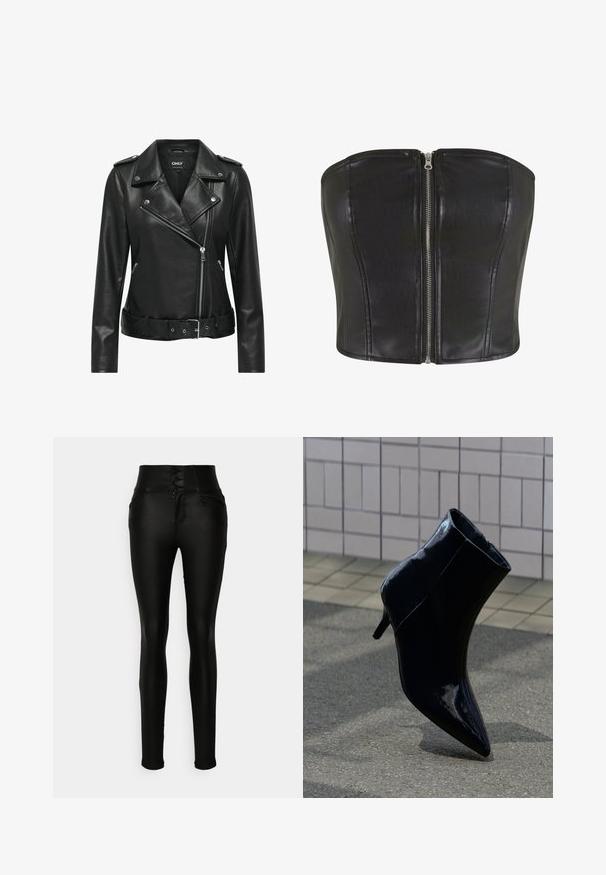 Chaqueta de cuero negro estilo bikero con herrajes plateados, cierre de cremallera, cuello con muesca y cintura ceñida con cinturón. Presenta mangas largas y un acabado texturizado.; Top de corsé de cuero negro con un ajuste estructurado. Presenta una cremallera central de plata y detalles de costura a lo largo del cuerpo. Textura suave.; Vero Moda Tall VMDONNA SKINNY PANTS - Vaqueros pitillo - black; Bota negra de charol para el tobillo con tacón de aguja, sobre una superficie pavimentada y con un fondo de pared con azulejos.