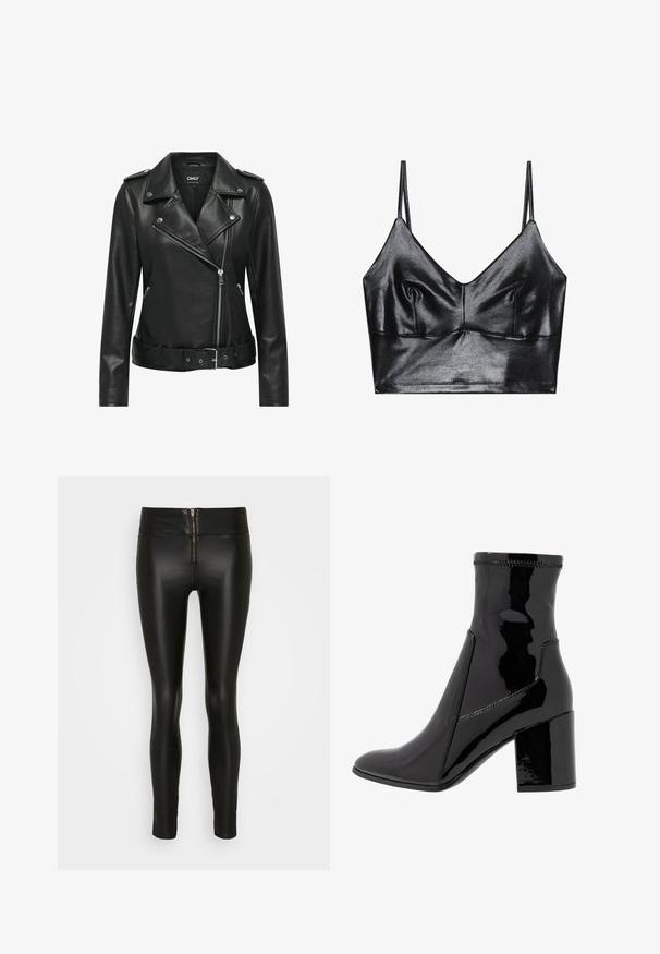 Chaqueta de cuero negro estilo bikero con herrajes plateados, cierre de cremallera, cuello con muesca y cintura ceñida con cinturón. Presenta mangas largas y un acabado texturizado.; Bralette negro y brillante con tirantes delgados ajustables, que presenta un escote en V, textura suave y sutil fruncido en el busto para darle forma.; Leggings de imitación de cuero negro con cintura alta y cierre frontal con cremallera. Textura suave, ajuste ceñido y diseño de longitud hasta el tobillo.; Botín negro de charol con una textura suave, punta afilada y un tacón estructurado de bloque. Presenta un diseño sin cremallera y costuras en contraste.