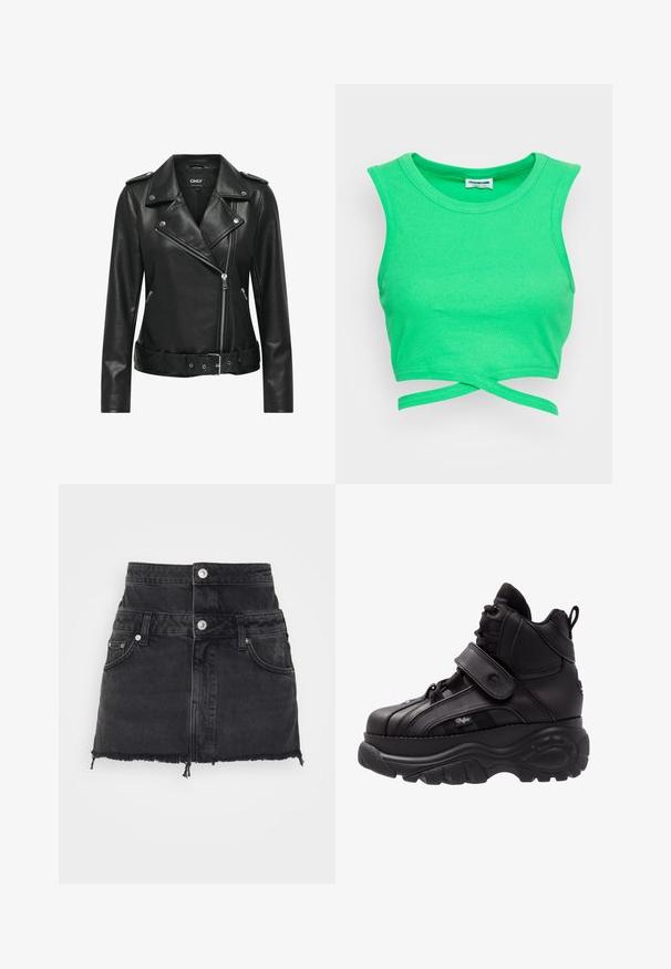 Chaqueta de cuero negro estilo bikero con herrajes plateados, cierre de cremallera, cuello con muesca y cintura ceñida con cinturón. Presenta mangas largas y un acabado texturizado.; Top corto de canalé verde con diseño sin mangas y cuello redondo. Presenta un cierre envolvente en la cintura. Tejido texturizado.; ONLY ONLMILLION SKIRT - Falda vaquera - dark grey denim; Zapatillas altas negras con suela de goma gruesa, parte superior de cuero, cierres de cordones y tiras de Velcro, y detalles de panel lateral texturizado.