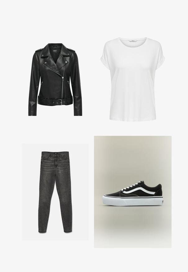 Chaqueta de cuero negro estilo bikero con herrajes plateados, cierre de cremallera, cuello con muesca y cintura ceñida con cinturón. Presenta mangas largas y un acabado texturizado.; Camiseta blanca de manga corta hecha de algodón suave. Presenta un cuello redondo y puños enrollados. Diseño simple sin patrones ni acentos.; Vaqueros ajustados de color gris oscuro con cierre de botón y cremallera, bolsillos delanteros y traseros, mostrados extendidos sobre un fondo blanco.; Zapatilla deportiva negra de corte bajo con raya lateral blanca, cordones blancos, suela de goma blanca y puntera texturizada sobre fondo neutro.
