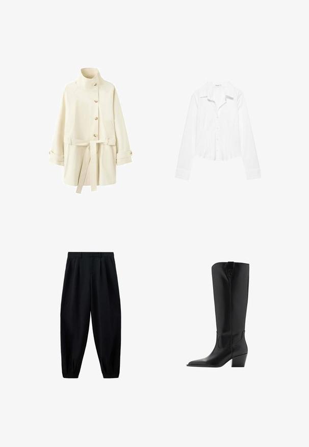 Manteau boutonné couleur crème avec col montant, ceinture à la taille et poignets boutonnés, présenté sur un fond blanc.; Chemise blanche à manches longues avec col, taille légèrement cintrée et poignets boutonnés, présentée sur fond blanc.; Pantalon noir taille haute effilé avec des plis à la taille et aux poignets, et des poches latérales, présenté sur fond blanc.; Botte haute en cuir noir avec bout pointu et talon médian incliné, avec une languette de tirage en haut de la tige.