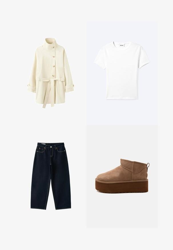 Manteau boutonné couleur crème avec col montant, ceinture à la taille et poignets boutonnés, présenté sur un fond blanc.; T-shirt blanc uni à manches courtes et col rond avec une petite étiquette "WEEKDAY" à l'intérieur de l'encolure, présenté à plat sur un fond clair.; Jean bleu foncé à jambes larges avec cinq poches, fermeture par bouton et coutures contrastées sur fond blanc.; Bottine marron en daim de hauteur moyenne, style slip-on, avec une semelle épaisse compensée et un onglet à l’arrière sur fond clair.