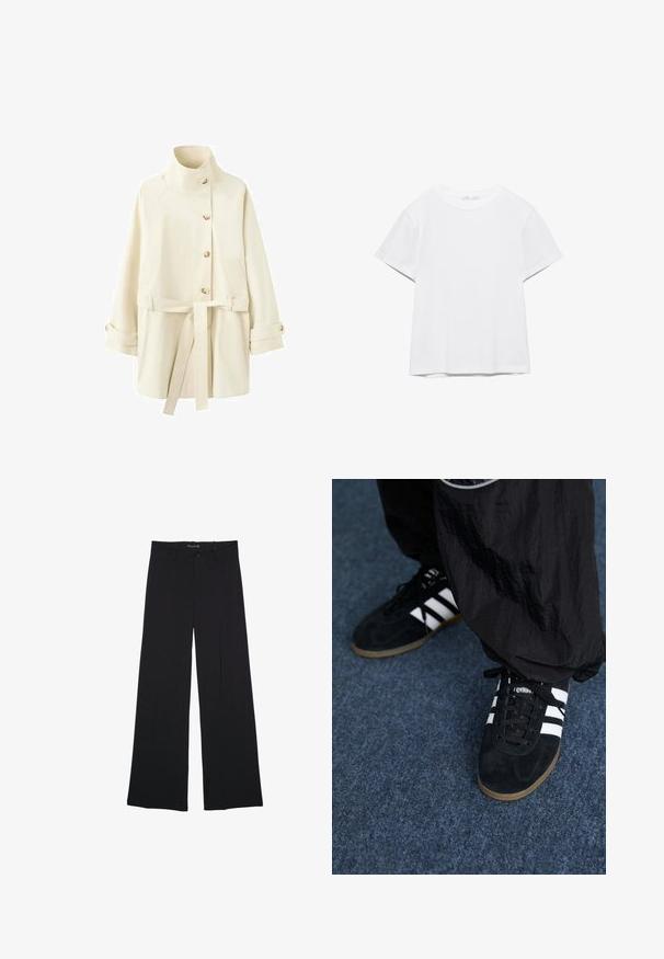 Manteau boutonné couleur crème avec col montant, ceinture à la taille et poignets boutonnés, présenté sur un fond blanc.; T-shirt blanc uni à manches courtes et col rond, avec un ourlet droit, présenté sur un fond blanc.; Pantalon noir à jambes larges avec passants de ceinture, bouton frontal et fermeture éclair, étalé à plat sur un fond blanc.; Des chaussures de sport en suède noir avec trois rayures blanches et des lacets noirs. Un pantalon noir texturé est partiellement visible à côté des chaussures.