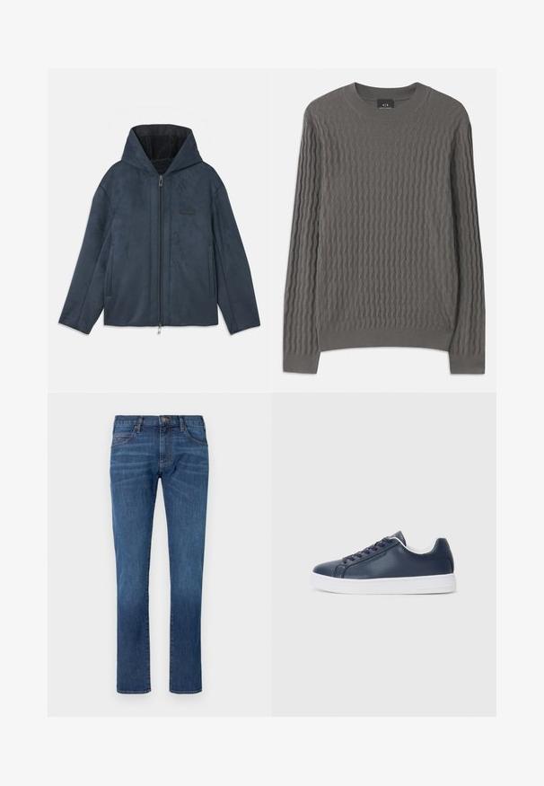 Donkerblauwe capuchonjack gemaakt van zacht, suede-achtig materiaal, met een ritssluiting aan de voorkant, zijzakken en een zachte binnenvoering.; Armani Exchange Trui - dark gull zig zag; Blauwe spijkerbroek met rechtvallende pijpen, voorzien van een klassiek ontwerp met vijf zakken en een knoopsluiting. Subtiele vervaging over de stoftextuur.; Marineblauwe leren sneaker met witte rubberen zool, ronde neus en bijpassende veters. Beschikt over een subtiele logo-detail aan de buitenkant.