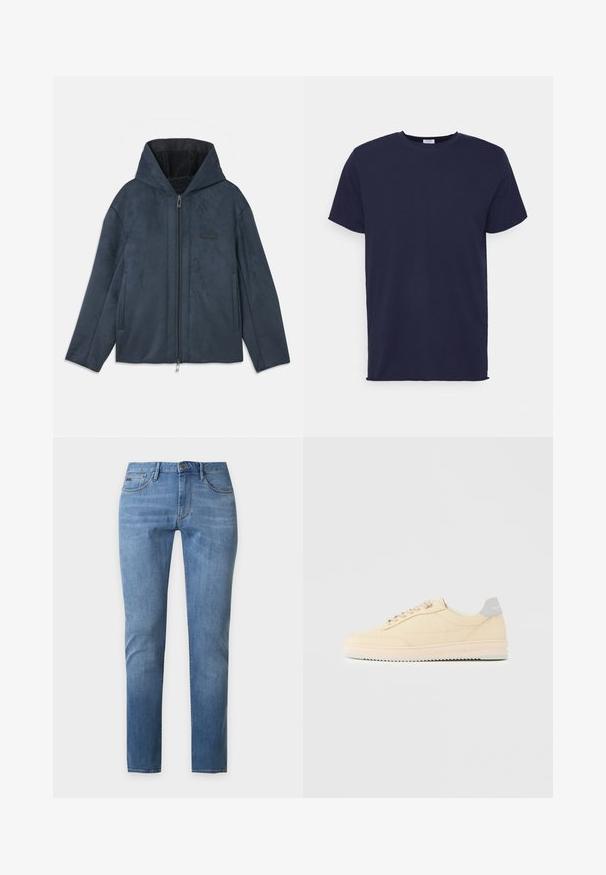 Donkerblauwe capuchonjack gemaakt van zacht, suede-achtig materiaal, met een ritssluiting aan de voorkant, zijzakken en een zachte binnenvoering.; Navyblauwe T-shirt met korte mouwen van zachte stof. Heeft een ronde hals en een rechte snit zonder patronen of accenten.; Lichtblauwe slim-fit jeans met vijf zakken en een knoopsluiting, weergegeven op een effen grijze achtergrond.; Beige lage sneaker met veters aan de voorkant, lichtroze zool en een grijze hieltab met het merk "Filling Pieces", zijaanzicht op een effen achtergrond.