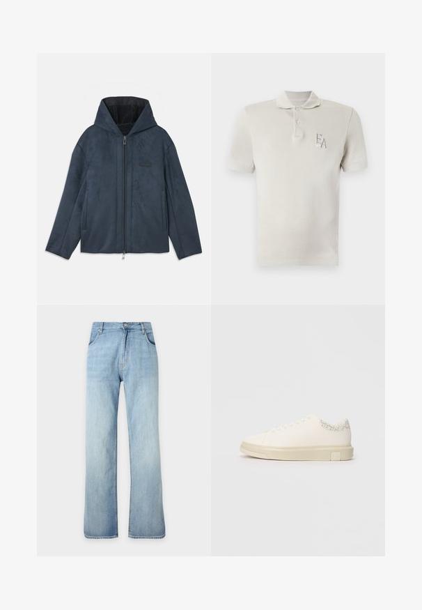 Veste à capuche bleu foncé en matériau doux imitant le daim, avec une fermeture éclair sur le devant, des poches latérales et une doublure intérieure en peluche.; Polo à manches courtes beige clair avec deux boutons et logo brodé "EA" sur le côté gauche de la poitrine.; Jean denim bleu clair à coupe droite avec fermeture avant à boutons et zip, poches avant et passants de ceinture, présenté sur un fond uni.; Sneaker blanc avec une tige en toile lisse, des lacets plats, un col rembourré et un accent gris texturé à l'arrière. Semelle en caoutchouc épaisse.