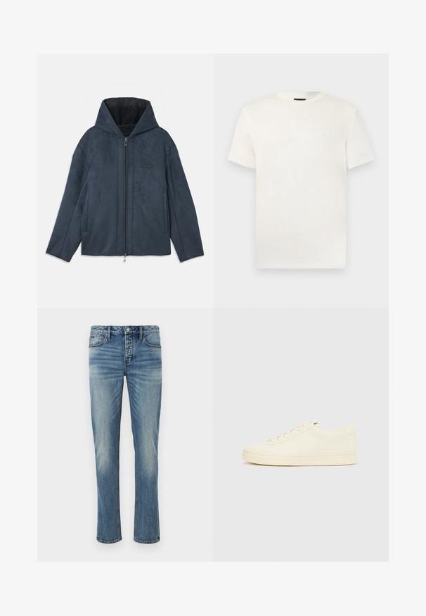 Veste à capuche bleu foncé en matériau doux imitant le daim, avec une fermeture éclair sur le devant, des poches latérales et une doublure intérieure en peluche.; T-shirt blanc à manches courtes et col rond avec un logo brodé subtil sur le côté gauche de la poitrine, présenté sur un fond clair uni.; Jean en denim bleu clair avec une coupe droite, design à cinq poches, fermeture à bouton en métal argenté et dégradé subtil sur tout le tissu.; Baskets couleur crème avec une tige en cuir lisse, bout arrondi, laçage à l'avant et semelle en caoutchouc texturée. Design minimaliste, sans logo.
