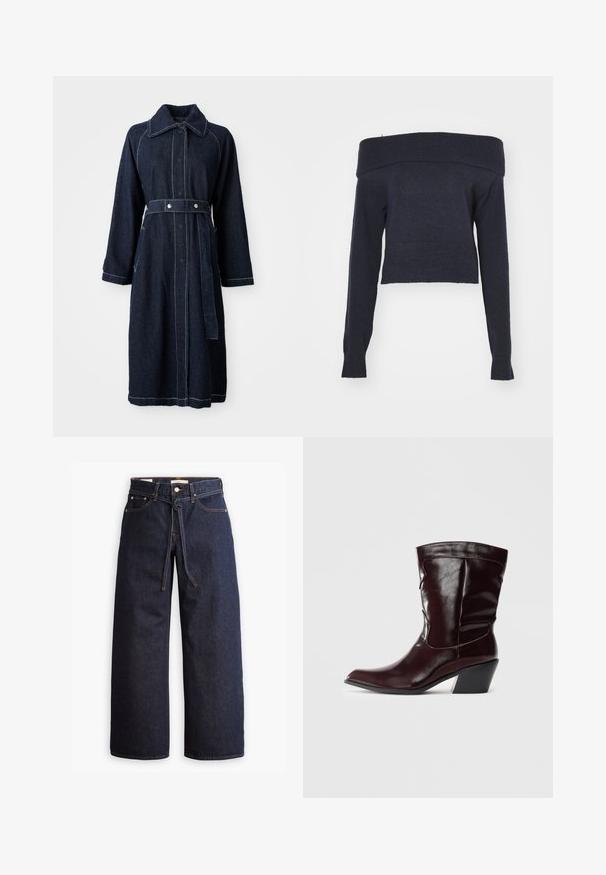 Mørk denimfrakke med krave, lange ærmer og belted talje. Har kontrasterende hvid syning og sidelommer.; Weekday LOLO OFF SHOULDER - Striktrøje - navy; Bredde ben mørkeblå denim jeans med høj talje, der har snoretræk, fem lommer og kontrastsyet detaljer.; Bordeaux læder ankelstøvler med spids tå, tekstureret overflade og en lav, taperet hæl. Har diskrete søm og en tætsiddende pasform.