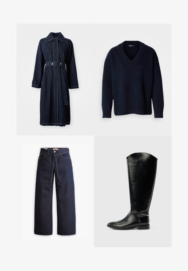 Dunkelblauer Jeansmantel mit Kragen, langen Ärmeln und tailliertem Schnitt. Mit kontrastierender weißer Naht und seitlichen Taschen.; Dunkelblauer V-Ausschnitt-Pullover mit langen Ärmeln und gerippten Bündchen und Saum, vor neutralem Hintergrund präsentiert.; Weite, dunkelblaue Jeans aus Denim mit hoher Taille, ausgestattet mit einem Kordelzug, fünf Taschen und kontrastierenden Nähdetails.; Hoher schwarzer Lederstiefel mit spitzer Zehe, niedrigem Absatz und silbernem Metallakzent am Knöchel vor weißem Hintergrund.