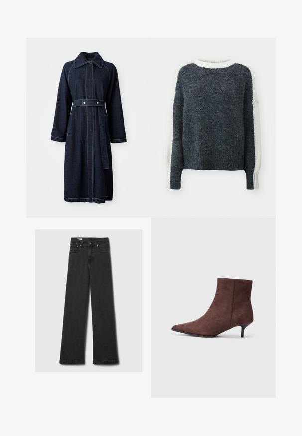 Dunkelblauer Jeansmantel mit Kragen, langen Ärmeln und tailliertem Schnitt. Mit kontrastierender weißer Naht und seitlichen Taschen.; Dunkelgrauer gestrickter Pullover mit strukturiertem Finish. Cremefarbene Ärmel und Kragen. Boxy-Schnitt, gerippte Ränder. Weiches Wollmischmaterial.; Schwarz-hochgeschnittene gerade Jeans mit fünf Taschen und kupferfarbenen Nieten, flach auf einem hellgrauen Hintergrund ausgelegt.; Braune Wildleder-Stiefeletten mit spitz zulaufender Schuhspitze und schlankem, schwarzem Absatz. Sie zeichnen sich durch eine glatte Textur und ein schlichtes Design aus.