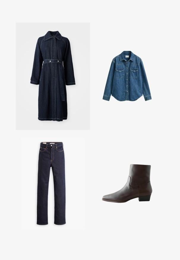 Dunkelblauer Jeansmantel mit Kragen, langen Ärmeln und tailliertem Schnitt. Mit kontrastierender weißer Naht und seitlichen Taschen.; Blaues Jeanshemd mit langen Ärmeln, Kragen, Druckknöpfen vorne und zwei Brusttaschen mit Klappe, vor einem weißen Hintergrund gezeigt.; Dunkelblaue gerade geschnittene Denim-Jeans mit fünf Taschen und sichtbaren orangefarbenen Nähten auf einem weißen Hintergrund.; Dunkelbrauner Leder-Knöchelsschuh mit niedrigem Blockabsatz und Seitennahtdetail, von der Außenseite auf weißem Hintergrund gezeigt.