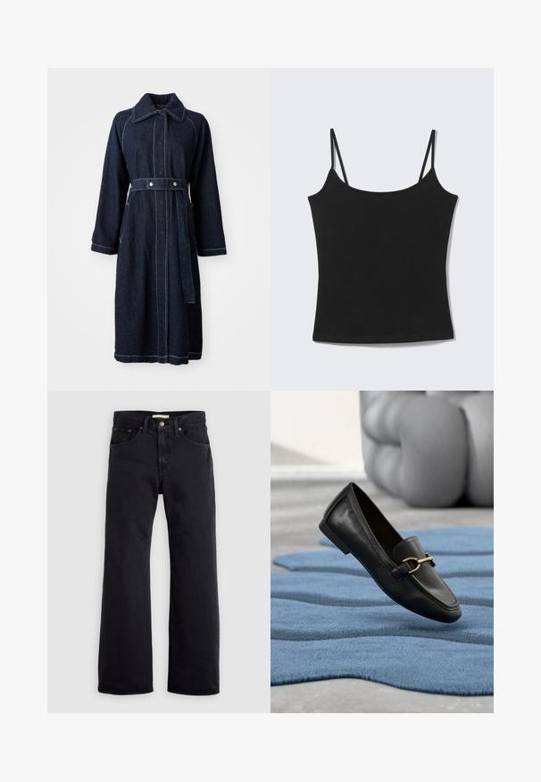Mørk denimfrakke med krave, lange ærmer og belted talje. Har kontrasterende hvid syning og sidelommer.; Sort ærmeløs cropped tanktop med tynde skulderstropper og en lige halsudskæring på en lysegrå baggrund.; Sorte jeans med høj talje og lige ben med knap, lynlås foran og fem-lommer design mod en ensfarvet lys baggrund.; Sort læderloafer med guldbeslag flydende over et tekstureret blåt tæppe, blød grå pude sløret i baggrunden.