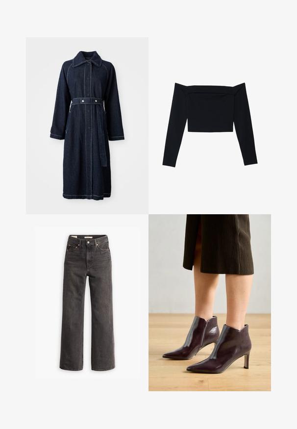Manteau en denim foncé avec un col, des manches longues et une taille ceinturée. Comprend des coutures blanches contrastantes et des poches latérales.; Haut noir à épaules dénudées à manches longues en tissu doux. Design court avec une texture lisse et des détails de couture sur la poitrine.; Jeans taille haute et coupe large en denim gris foncé, avec des poches avant, des rivets en cuivre contrastants et une finition épurée sans embellissements.; Bottines en cuir bordeaux à bout pointu et talon fin. Elles présentent une fermeture éclair sur le côté et une texture lisse et brillante.