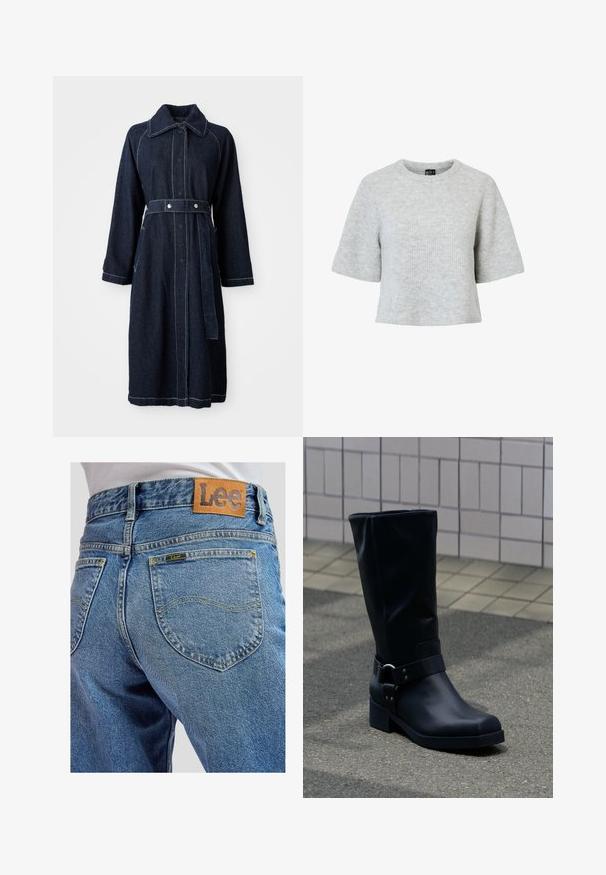 Mørk denimfrakke med krave, lange ærmer og belted talje. Har kontrasterende hvid syning og sidelommer.; Grå kortærmet trøje lavet af tekstureret strikket stof med rund halsudskæring og et cropped design. Ingen synlige mønstre eller detaljer.; Blå denimbukser med baglommer med gule syninger og et brunt lædermærke med Lee-brand på linningen.; Sort læderstøvle midt på læggen med lav blokhæle og en dekorativ rem med metal spænde rundt om anklen, på en flisebelagt fortov.