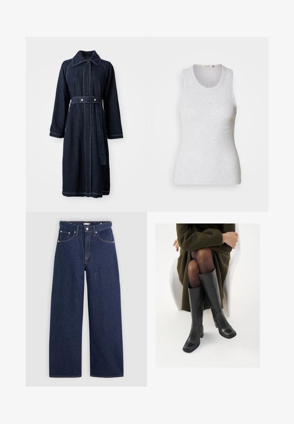 Mørk denimfrakke med krave, lange ærmer og belted talje. Har kontrasterende hvid syning og sidelommer.; Lys grå ribbet tanktop med rund halsudskæring og uden ærmer. Har et tætsiddende design og en diskret logo nær midten. Blød tekstur.; Mørkeblå denim brede ben jeans med høj talje, der har fem lommer, bæltestropper og detaljer med kobber stikninger. Glat tekstur.; Knæhøje sorte læder støvler med firkantet tå og blokhæl, vist med en model siddende i en olivengrøn frakke. Glat tekstur, minimal detaljer.