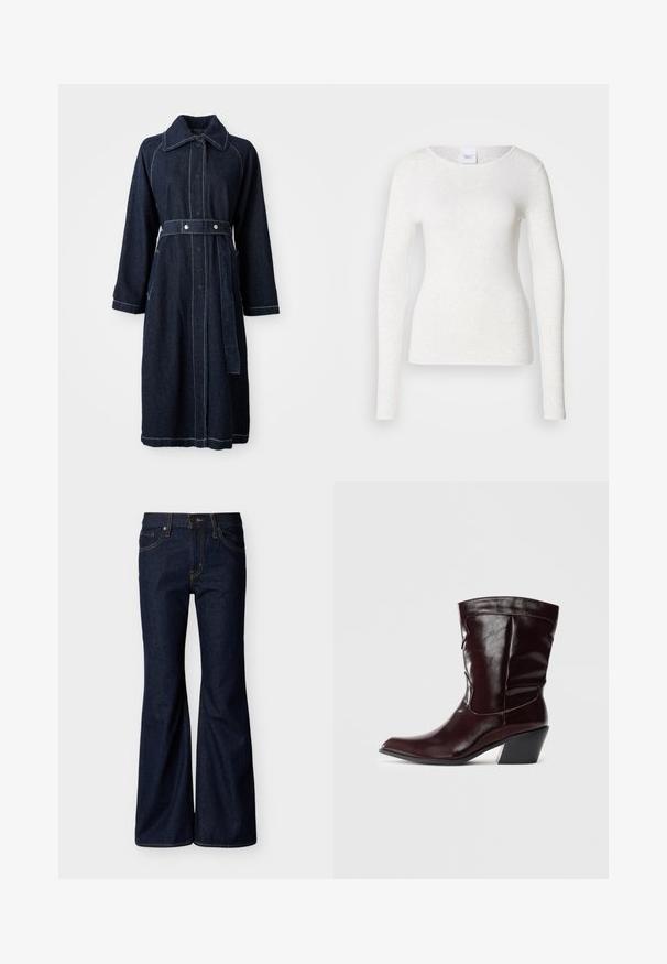 Mørk denimfrakke med krave, lange ærmer og belted talje. Har kontrasterende hvid syning og sidelommer.; Hvid langærmet t-shirt i et blødt, letvægtsstof med rund halsudskæring og slank pasform, der har en diskret struktur.; Mørkeblå denimjeans med vide ben, frontknap og lynlås, samt fem-lomme-design med kontrastsyning.; Bordeaux læder ankelstøvler med spids tå, tekstureret overflade og en lav, taperet hæl. Har diskrete søm og en tætsiddende pasform.