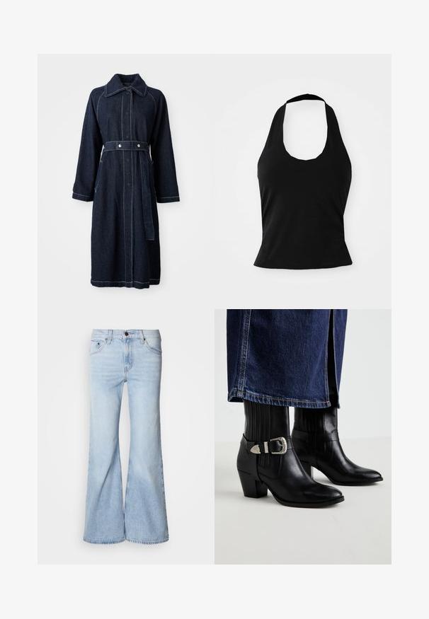 Mørk denimfrakke med krave, lange ærmer og belted talje. Har kontrasterende hvid syning og sidelommer.; Sort halterneck top lavet af blød stof, med en scoop halsudskæring og en tætsiddende silhuet, med en glat tekstur og uden synlige mønstre.; Lyseblå vidde jeans med højtaljet design, lavet af denimstof, fem lommer og knaplukning. Benene er vide og har en let falmet finish.; Sorte læderankelstøvler med spidse tåer, prydet med lodrette ribbings, en sølvfarvet spænde og en stabelhæl.