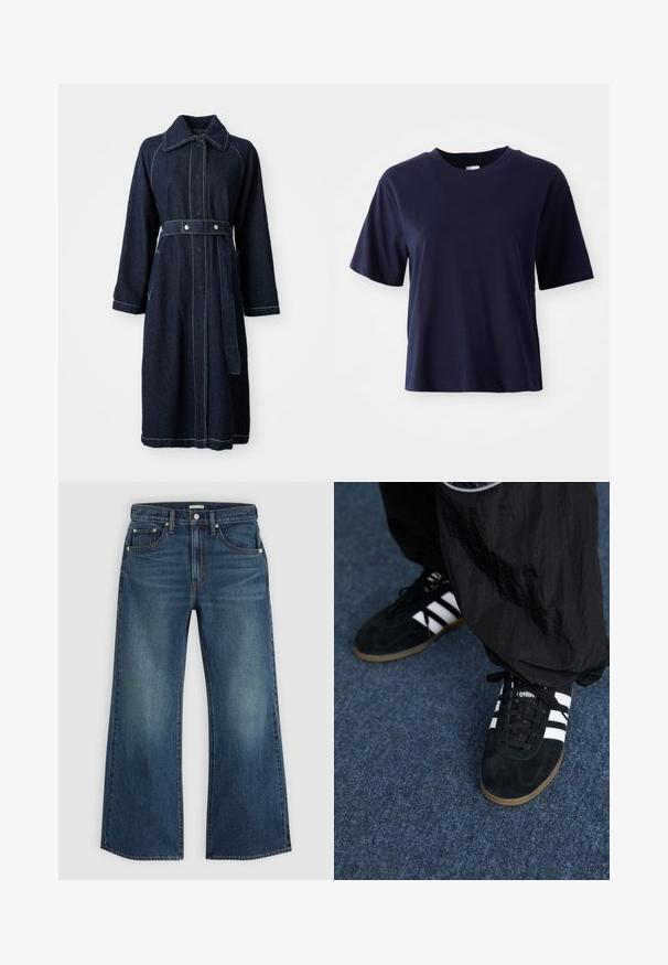 Mørk denimfrakke med krave, lange ærmer og belted talje. Har kontrasterende hvid syning og sidelommer.; Mørkeblå bomulds T-shirt med korte ærmer, rund halsudskæring, afslappet pasform og glat tekstur. Ingen synlige mønstre eller detaljer.; Blå denimjeans med høj talje, brede, lige ben, forlommer og knaplukning, vist mod en ensfarvet lys baggrund.; Sorte suedetrainingssko med tre hvide striber og sorte snørebånd. Et tekstureret sort bukser er delvist synligt ved siden af skoene.