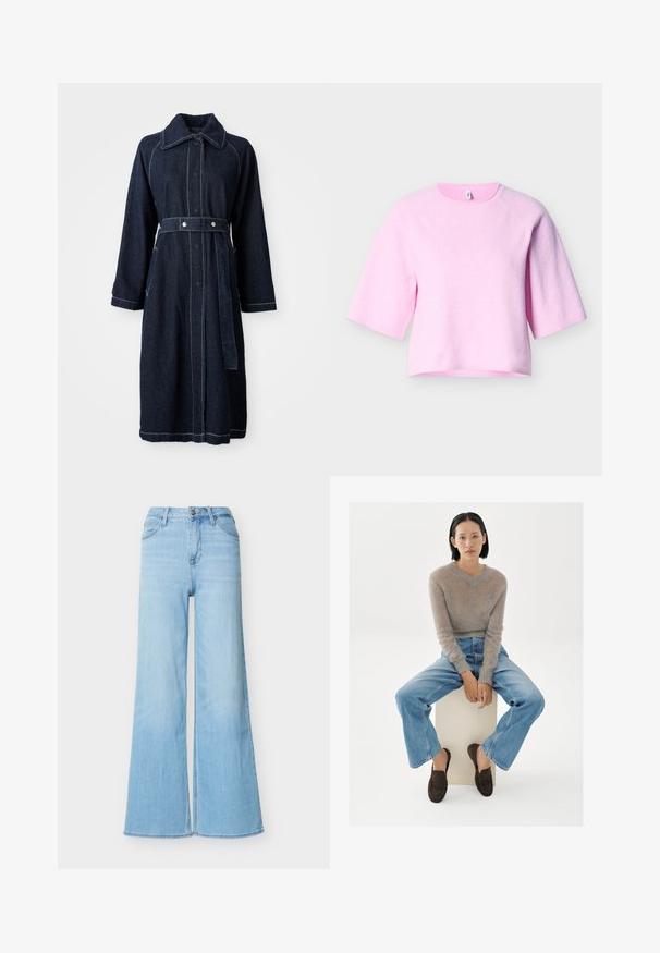 Mørk denimfrakke med krave, lange ærmer og belted talje. Har kontrasterende hvid syning og sidelommer.; Kortærmet pullover lavet af blødt lyserødt materiale med rund halsudskæring og ribbet kant. Har raglanærmer og en afslappet pasform.; Lyseblå jeans med høj talje og brede ben, med forreste knap- og lynlåslukning, forlommer og bæltestropper, vist på hvid baggrund.; Ung kvinde med kort sort hår sidder på en hvid klods iført en beige blød sweater, blå jeans og mørkebrune loafers mod en hvid baggrund.