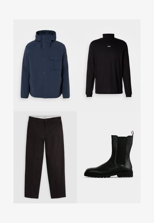 Marineblauwe jas met een capuchon, knopen aan de voorkant, zijzakken en een borstzak. Gemaakt van een glad, duurzaam materiaal met een comfortabele pasvorm.; Zwarte turtleneckshirt met lange mouwen, gemaakt van soepel materiaal, met een witte "HUGO" logo op de borst, en met aansluitende manchetten en zoom.; Zwarte rechte chino's met riemlussen, knoopsluiting en zijzakken, weergegeven op een lichtgrijze achtergrond.; Zwarte leren enkellaars met elastisch zijpaneel, dikke zool en treklus aan de achterkant, met een klein gouden "Hugo" logo vlak bij de hiel.