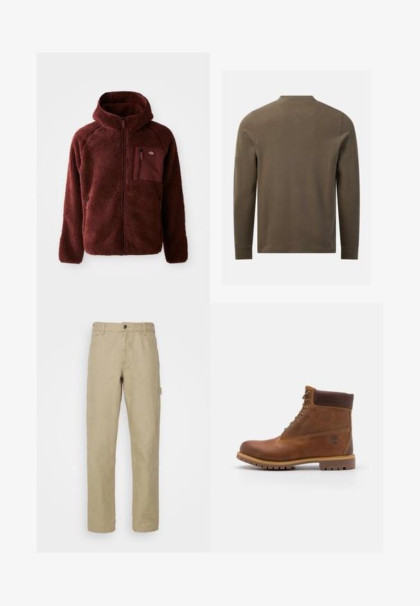 Chaqueta de forro polar burdeos con cremallera frontal, capucha, bolsillos laterales y bolsillo en el pecho. Material texturizado y suave con un ajuste ligeramente holgado.; Camisa texturizada de manga larga en verde oliva mostrada desde atrás con cuello redondo y puños lisos sobre fondo blanco.; Pantalones de algodón beige con un diseño de pierna recta, que cuentan con un cierre frontal de botón, cinco bolsillos y un bolsillo lateral tipo cargo.; Botas de senderismo de cuero marrón con un acabado suave, tobillo acolchado, ojales de metal y suela de goma con un patrón de tracción robusto.