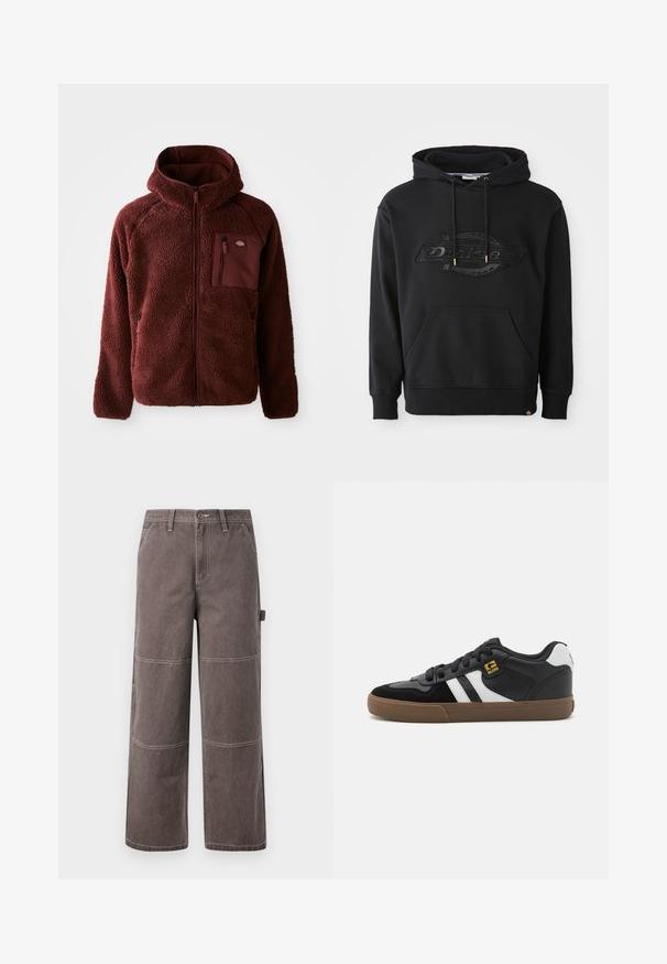 Burgunderfarbene Fleecejacke mit Reißverschluss vorne, Kapuze, seitlichen Taschen und Brusttasche. Strukturierter, weicher Stoff mit einem leicht übergroßen Schnitt.; Schwarzer Kapuzenpullover aus Baumwollmischung, mit geprägtem Logo, verstellbaren Kordeln und Fronttasche. Gerippte Bündchen und Saum.; Weite Hosen in einem verblassten Braunton, aus strapazierfähigem Stoff mit kontrastierenden Nähten. Mit Paneeldetails und einer Seitentasche.; Schwarz-weiße Sneakers mit einem Obermaterial aus Wildleder und Leder, ausgestattet mit weißen Streifen, schwarzen Schnürsenkeln und einer braunen Gummisohle. Mit goldenen Logo-Akzenten.
