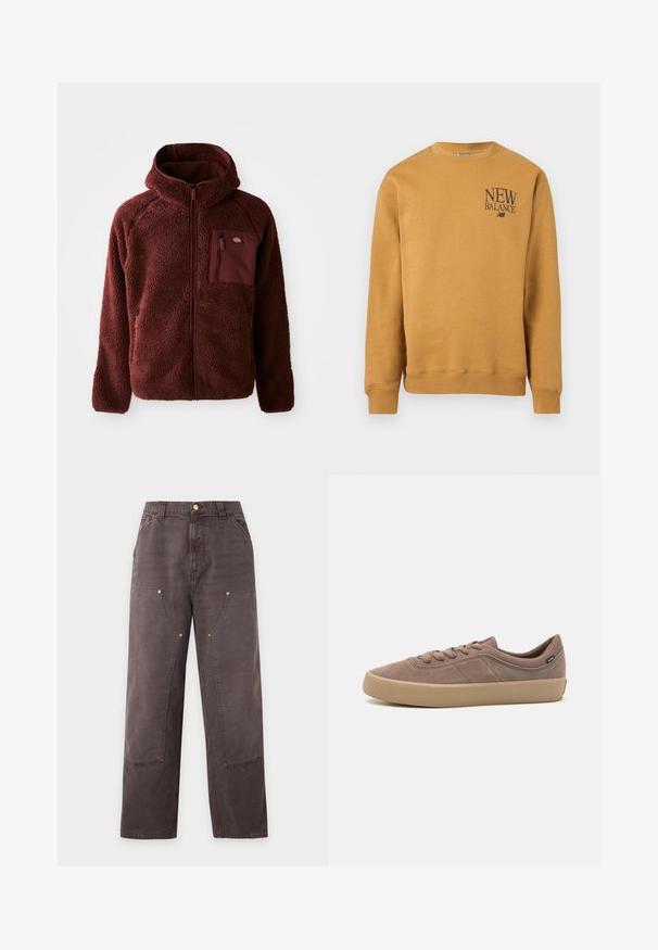 Burgunderfarbene Fleecejacke mit Reißverschluss vorne, Kapuze, seitlichen Taschen und Brusttasche. Strukturierter, weicher Stoff mit einem leicht übergroßen Schnitt.; Senfgelbes Sweatshirt mit langem Arm und Rundhalsausschnitt, mit dem "New Balance"-Logo in dunkler Schrift auf der oberen linken Brust.; Braune Straight-Leg-Hose mit hoher Taille, Fronttaschen, Gürtelschlaufen und sichtbaren Nähten an Knie und Oberschenkeln.; Hellbraune Wildledersneaker mit Gummisohle, runder Zehenpartie, Schnürdesign und dezenten seitlichen Akzenten für zusätzliche Struktur.