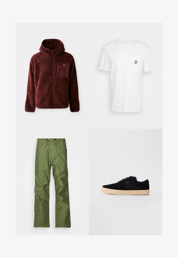 Chaqueta de forro polar burdeos con cremallera frontal, capucha, bolsillos laterales y bolsillo en el pecho. Material texturizado y suave con un ajuste ligeramente holgado.; Camiseta de algodón blanca con mangas cortas, un bolsillo en el pecho y un pequeño parche cuadrado de logo en naranja y blanco en el bolsillo.; Pantalones cargo verdes oliva hechos de tela ligera. Las características incluyen una cintura con cordón, dos bolsillos frontales y un corte holgado.; Zapatilla negra de corte bajo con suela texturizada en beige, cordones y pequeño logo en el lateral sobre un fondo liso gris claro.