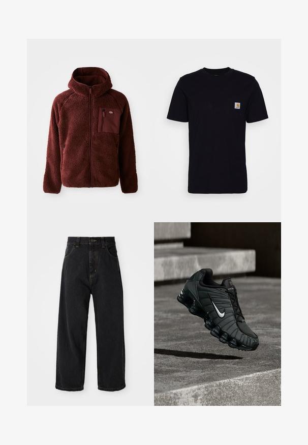 Burgunderfarbene Fleecejacke mit Reißverschluss vorne, Kapuze, seitlichen Taschen und Brusttasche. Strukturierter, weicher Stoff mit einem leicht übergroßen Schnitt.; Schwarzes Baumwoll-T-Shirt mit kurzen Ärmeln, rundem Hals und einer Brusttasche, die mit einem kleinen, quadratischen Logo-Patch versehen ist. Einfaches, einfarbiges Design.; Schwarze, weit geschnittene Jeans mit hoher Taille, vorderem Knopf, Reißverschluss und gelben Nähten an Taschen und Nähten.; Nike Sportschuh in Dunkelgrün, mit einer glatten synthetischen Oberseite, Mesh-Struktur, schwarzen Schnürsenkeln und einer glänzenden Sohle mit Luftpolsterung.
