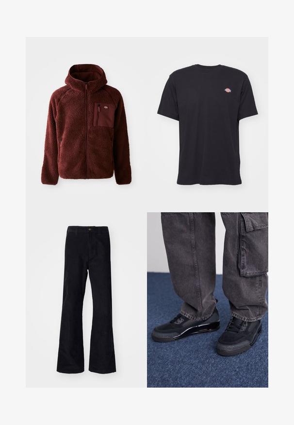 Bordeaux fleecejakke med lynlås foran, hætte, sidelommer og brystlomme. Tekstureret, blødt materiale med en let oversized pasform.; Sort kortærmet t-shirt med rund hals og et lille farverigt Dickies-logo på venstre bryst mod en ensfarvet baggrund.; Sorte, bomuldsforlængede bukser med en traditionel linning, enkelt forreste knap og lommer på siderne og bagpå. Glat tekstur.; Sorte sportsko med en struktureret overflade, glatte detaljer og en kraftig sål, der er parret med mørke, løstsiddende cargo-bukser.