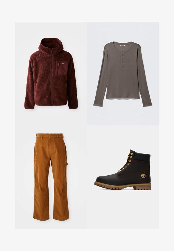 Burgunderfarbene Fleecejacke mit Reißverschluss vorne, Kapuze, seitlichen Taschen und Brusttasche. Strukturierter, weicher Stoff mit einem leicht übergroßen Schnitt.; Langärmeliges graues Henley-Shirt mit fünf Knöpfen und rundem Halsausschnitt, dargestellt vor einem schlichten weißen Hintergrund.; Braune Cordhosen mit einem ausgestellten Beindesign, ausgestattet mit Seitentaschen und einem Knopfverschluss vorne. Die Textur ist weich und gerippt.; Schwarze Leder-Ankle-Boots mit goldenen Ösen, braunen Akzenten und einer Gummisohle. Verfügt über einen gepolsterten Schaft und ein geprägtes Logo an der Seite.