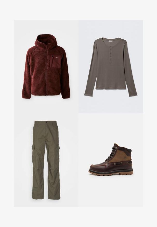 Bordeaux fleece jack met rits aan de voorkant, een capuchon, zijzakken en een borstzak. Getextureerd, zacht materiaal met een licht oversized pasvorm.; Grijze henley met lange mouwen, vijf knopen en een ronde hals, getoond tegen een eenvoudige witte achtergrond.; Olijfgroene cargobroek met rechte snit, gemaakt van gestructureerde stof. Bevat grote zijzakken en een knoopsluiting.; Bruine leren boot met een tan stoffen paneel, ronde neus, metalen oogjes, zwarte rubberen zool en stiksels. Kenmerken een verhoogd logo aan de zijkant.