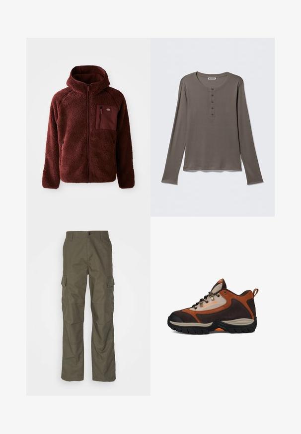 Chaqueta de forro polar burdeos con cremallera frontal, capucha, bolsillos laterales y bolsillo en el pecho. Material texturizado y suave con un ajuste ligeramente holgado.; Camiseta henley gris de manga larga con cinco botones y cuello redondo, presentada sobre un fondo blanco liso.; Pantalones cargo en color oliva con corte recto, fabricados en tejido texturizado. Presentan grandes bolsillos laterales y un cierre de botón.; Zapato de senderismo marrón y beige con suela negra, ojales de metal, tirador en el talón y la marca "DC SHOE CO USA" en el lateral.