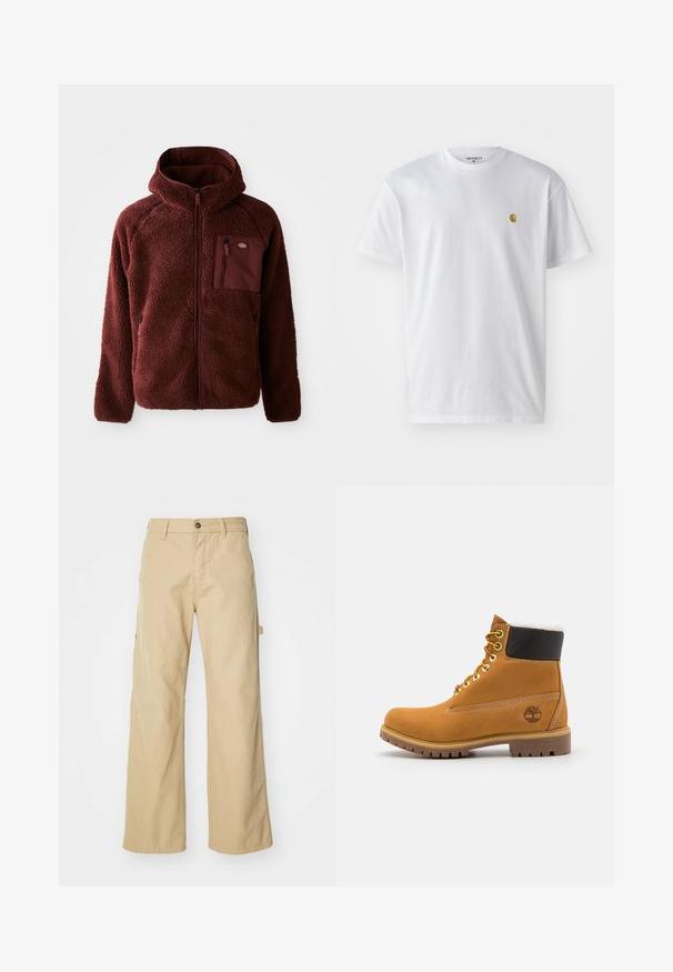 Burgunderfarbene Fleecejacke mit Reißverschluss vorne, Kapuze, seitlichen Taschen und Brusttasche. Strukturierter, weicher Stoff mit einem leicht übergroßen Schnitt.; Weißes Baumwoll-T-Shirt mit kurzen Ärmeln, Rundhalsausschnitt, mit einem kleinen goldenen Logo im linken Brustbereich. Weicher Stoff und normale Passform.; Beigeweite Cargo-Hosen mit Knopfverschluss, ausgestattet mit Seitentaschen, aus strapazierfähigem Baumwollstoff, mit glatter Textur und geradem Schnitt.; Braune Leder-Ankle-Boots mit Metallösen, weißem Kunstfellfutter, schwarzem gepolstertem Kragen, robustem Sohlenprofil und geprägtem Logo an der Seite.