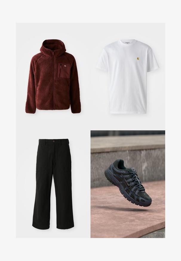 Bordeaux fleecejakke med lynlås foran, hætte, sidelommer og brystlomme. Tekstureret, blødt materiale med en let oversized pasform.; Hvid bomulds t-shirt med korte ærmer, rund hals og et lille guld logo på venstre brystområde. Blød tekstur og almindelig pasform.; Sorte vide benbukser lavet af blødt stof, med frontlommer og en knaplukning i taljen. Minimalistisk design uden synlige mønstre.; Mørkegrå Nike løbesko med mesh og syntetisk design, svævende over en lyserød betonoverflade med en grå stens baggrund.