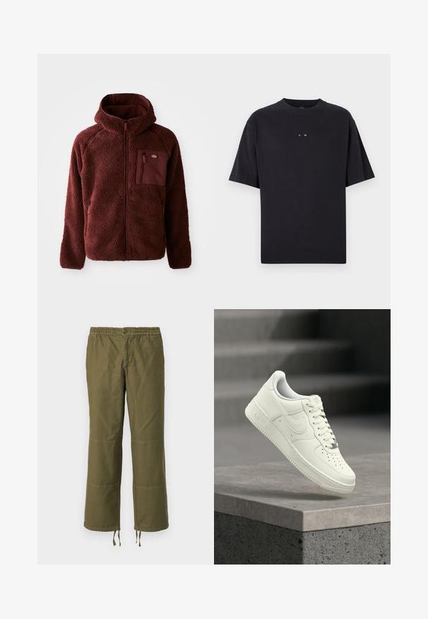 Bordeaux fleecejakke med lynlås foran, hætte, sidelommer og brystlomme. Tekstureret, blødt materiale med en let oversized pasform.; Oakley RISE TEE - T-shirts basic - blackout; Olivengrønne, vidde bukser lavet af bomuld med elastisk talje, knaplukning og kontrasterende lapper på knæene.; Hvid lædersneaker med lavprofildesign, tekstureret overflade, perforeringer på tåen og sølvfarvede detaljer på snørebånd og mærkning.