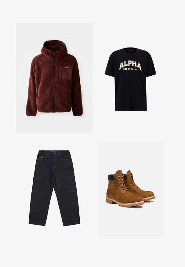 Bordeaux fleecejakke med lynlås foran, hætte, sidelommer og brystlomme. Tekstureret, blødt materiale med en let oversized pasform.; Sort bomulds t-shirt med stort hvidt og guld "ALPHA" bue logo og "INDUSTRIES" nedenfor. Korte ærmer, standard crew neck design.; Mørke denim cargo bukser med en afslappet pasform, flere cargo lommer og kontrasterende orange syninger. Blå waistband label synlig.; Brune ruskinds ankelstøvler med en polstret sort krave, gyldne snørehuller og en tyk gummisål med en mønster, der giver godt greb.