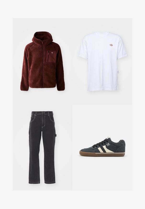 Chaqueta de forro polar burdeos con cremallera frontal, capucha, bolsillos laterales y bolsillo en el pecho. Material texturizado y suave con un ajuste ligeramente holgado.; Camiseta de algodón blanca con cuello en V y mangas cortas. Presenta un pequeño logo bordado de colores en el lado izquierdo del pecho. Textura suave.; Pantalones cargo de mezclilla negra con diseño de pierna recta, costuras visibles, múltiples bolsillos y detalle de bucle lateral para accesorios.; Zapatillas de ante azul oscuro con rayas color crema, cordones negros y suela de goma marrón. Presenta un cuello acolchado y un logo en el lateral.