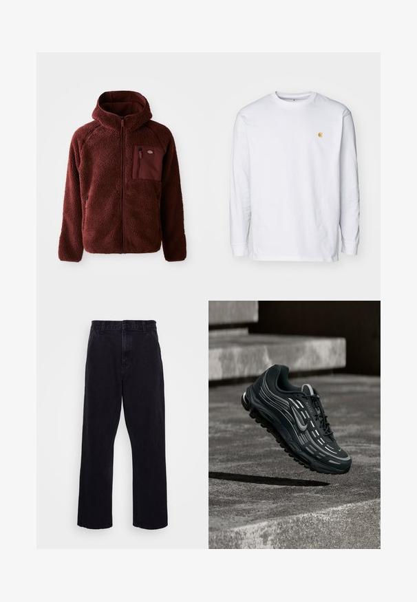 Bordeaux fleecejakke med lynlås foran, hætte, sidelommer og brystlomme. Tekstureret, blødt materiale med en let oversized pasform.; Hvid langærmet t-shirt lavet af bomuld. Har et lille gyldent logo på brystet og en rund halsudskæring. Enkel design og standard pasform.; Sorte denimbukser med lige ben, der har en knap- og lynlåslukning, bæltestropper og minimale syninger.; Sort og grå Nike Air Max sneaker, der flyder over grå betontrin med tekstureret jordbaggrund.