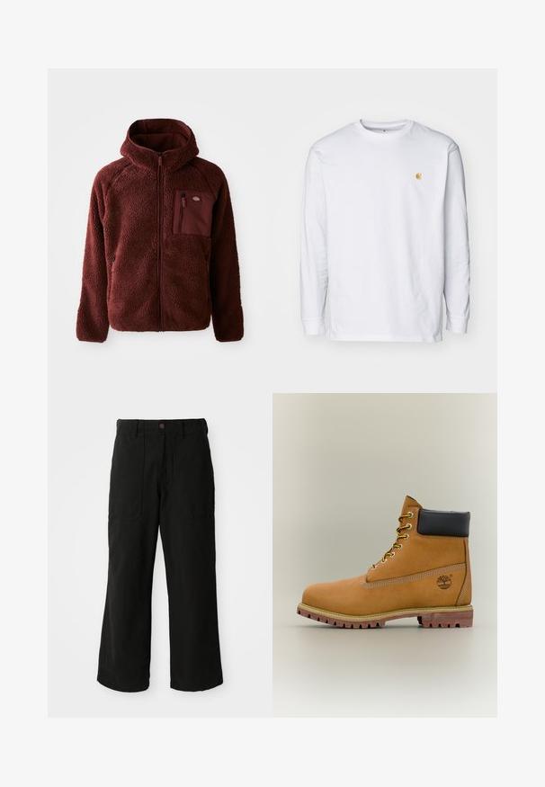 Bordeaux fleece jack met rits aan de voorkant, een capuchon, zijzakken en een borstzak. Getextureerd, zacht materiaal met een licht oversized pasvorm.; Witte lange mouwen t-shirt van katoen. Voorzien van een klein gouden logo op de borst en een ronde hals. Eenvoudig ontwerp en standaard pasvorm.; Zwarte wijde broek van zachte stof, met voorzakken en een knoopsluiting in de taille. Minimalistisch ontwerp zonder zichtbare patronen.; Bruine leren enkellaars met zwarte kraag, gele veters en een zandkleurige zool. Voorzien van een logo en witte stikseldetails. Robuuste loopzool met grip.