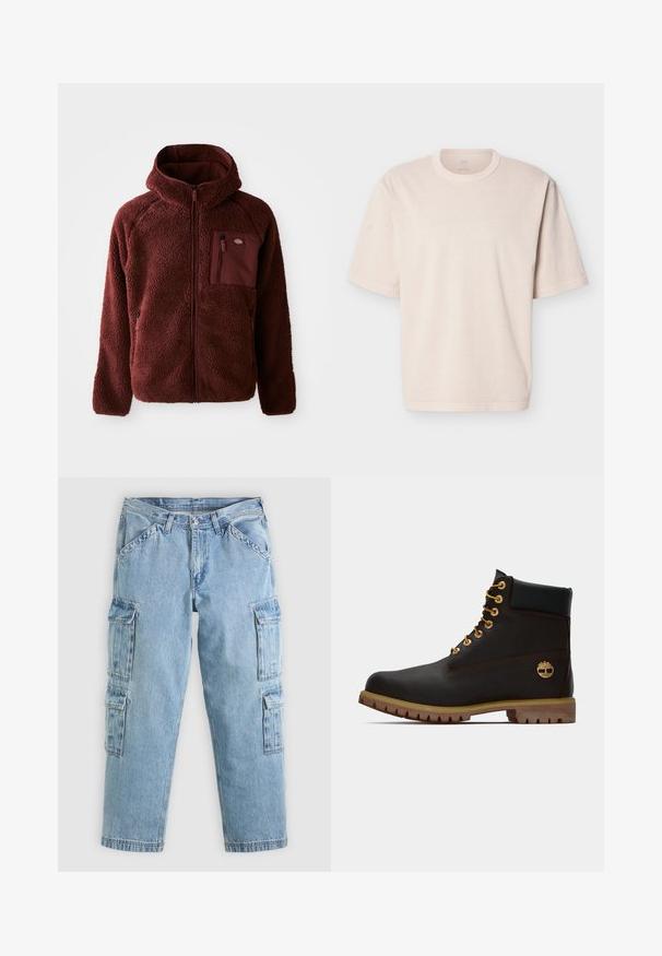 Burgunderfarbene Fleecejacke mit Reißverschluss vorne, Kapuze, seitlichen Taschen und Brusttasche. Strukturierter, weicher Stoff mit einem leicht übergroßen Schnitt.; Beige übergroßes Kurzarm-T-Shirt mit Rundhalsausschnitt und einfacher Naht, flach auf weißem Hintergrund präsentiert.; Hellblaue Jeans-Cargohosen mit geradem Bein, ausgestattet mit mehreren Seitentaschen und einem klassischen Knopfverschluss am Bund.; Schwarze Leder-Ankle-Boots mit goldenen Ösen, braunen Akzenten und einer Gummisohle. Verfügt über einen gepolsterten Schaft und ein geprägtes Logo an der Seite.